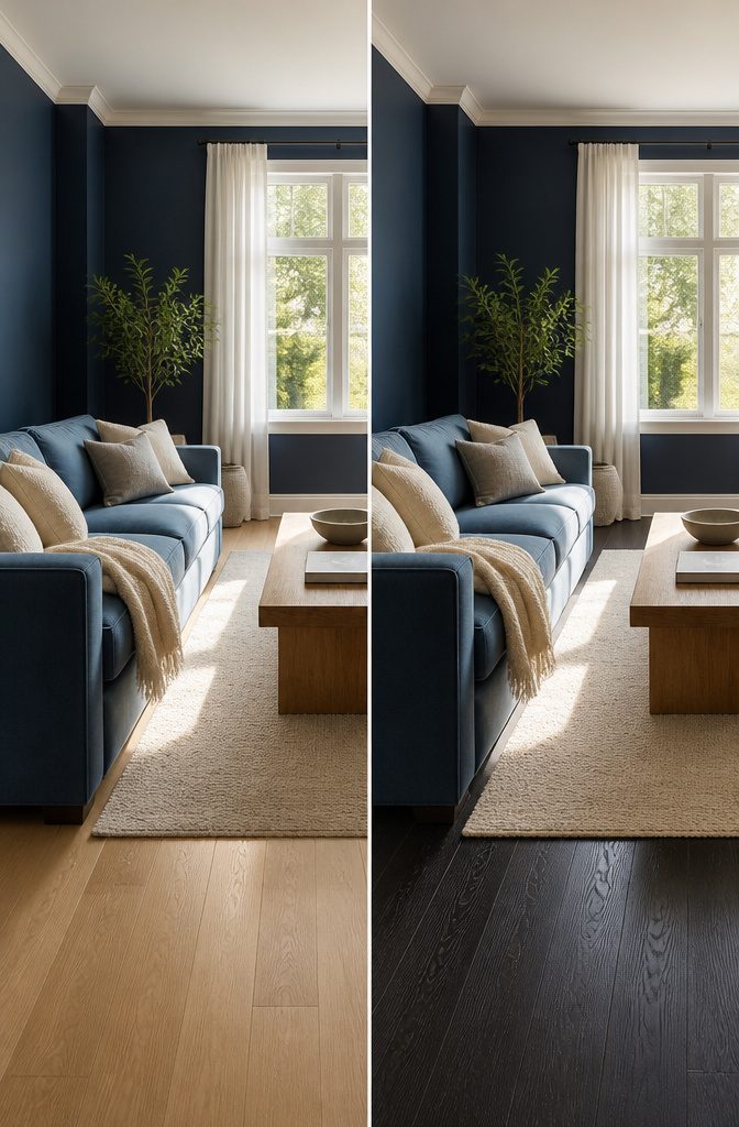 Deep blue walls behind a lighter blue sofa in a living room