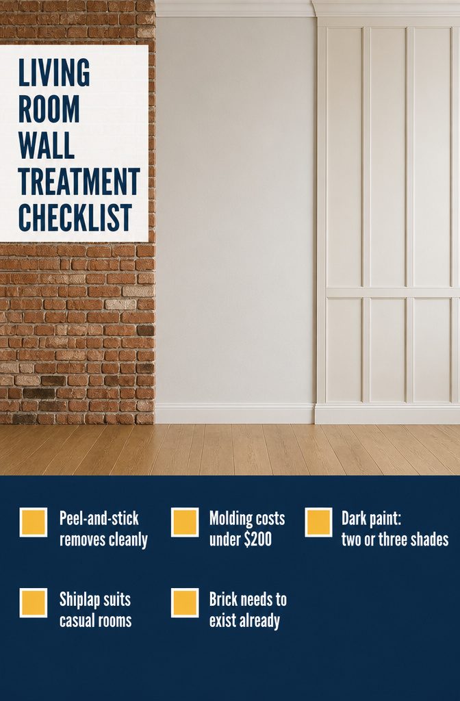 Living room wall treatment checklist with options for wall finishes and details
