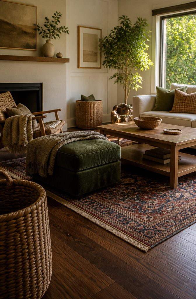 Knitted throw on woven chair beside velvet ottoman and patterned rug