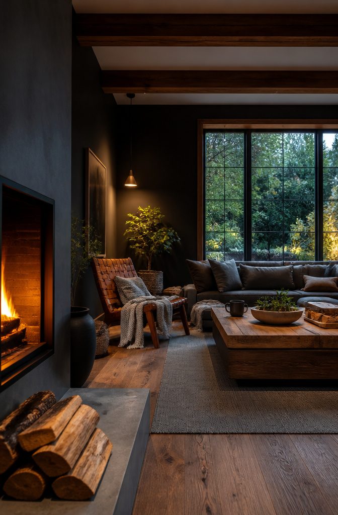 Dark wood ceiling beams and table with charcoal walls and a woven leather chair