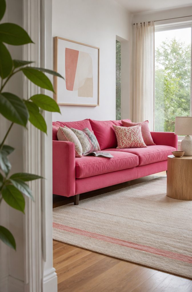 Electric pink sofa against white walls with wood floors and linen curtains