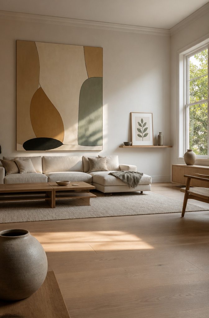 Large multicolored abstract artwork above neutral living room furniture and patterned rug