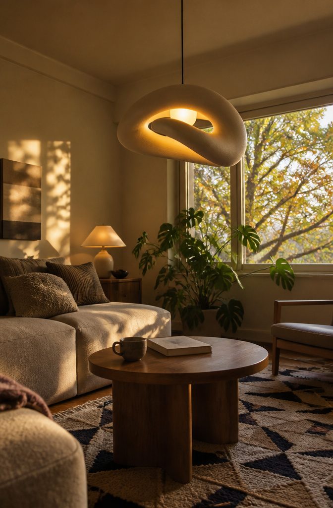 Sculptural pendant light hanging above a living room seating area