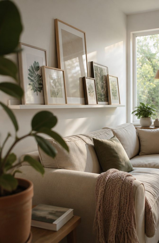 Framed botanical and abstract prints layered on a floating ledge above a sofa