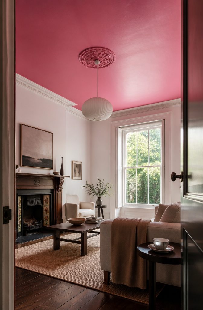 Pink ceiling above white walls in a high-ceilinged Victorian living room