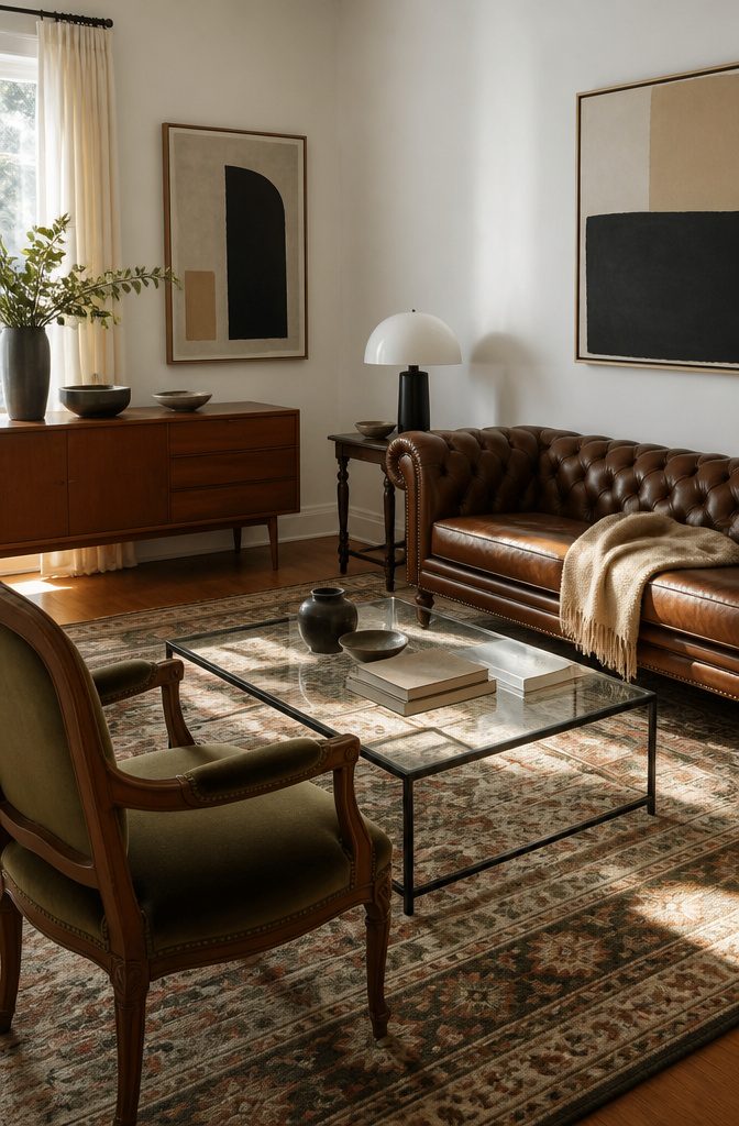Tufted Chesterfield sofa opposite low wood credenza beneath abstract artwork