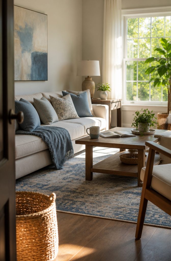 Light blue pillows, tan rug, abstract art, pale sofa, and leafy window