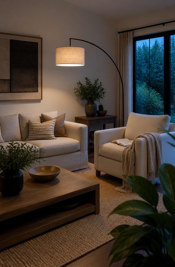 Tall arc floor lamp over sofa beside leafy plant and window