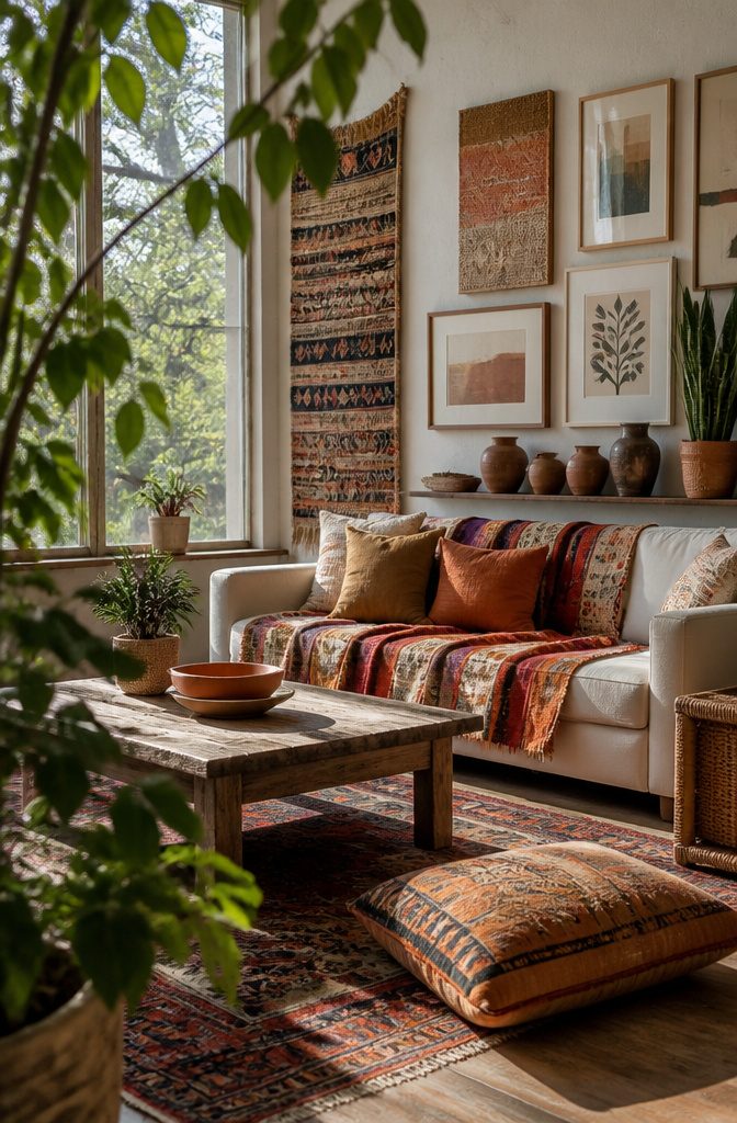 Moroccan textile beside framed prints above colorful rug and woven baskets