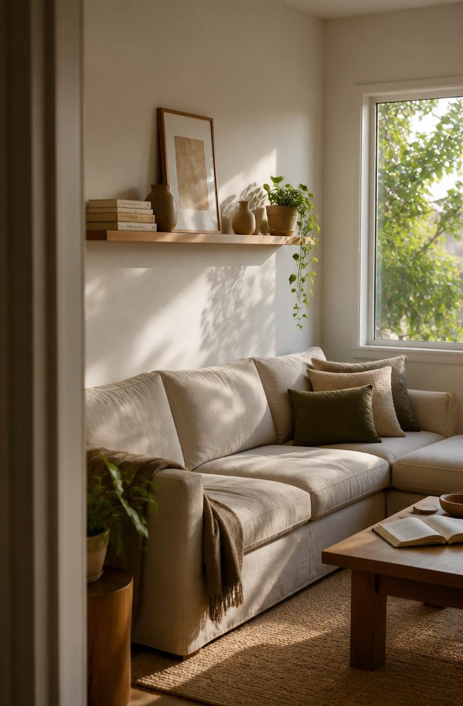 Slim floating shelf above sofa with books, small ceramics, and trailing plant