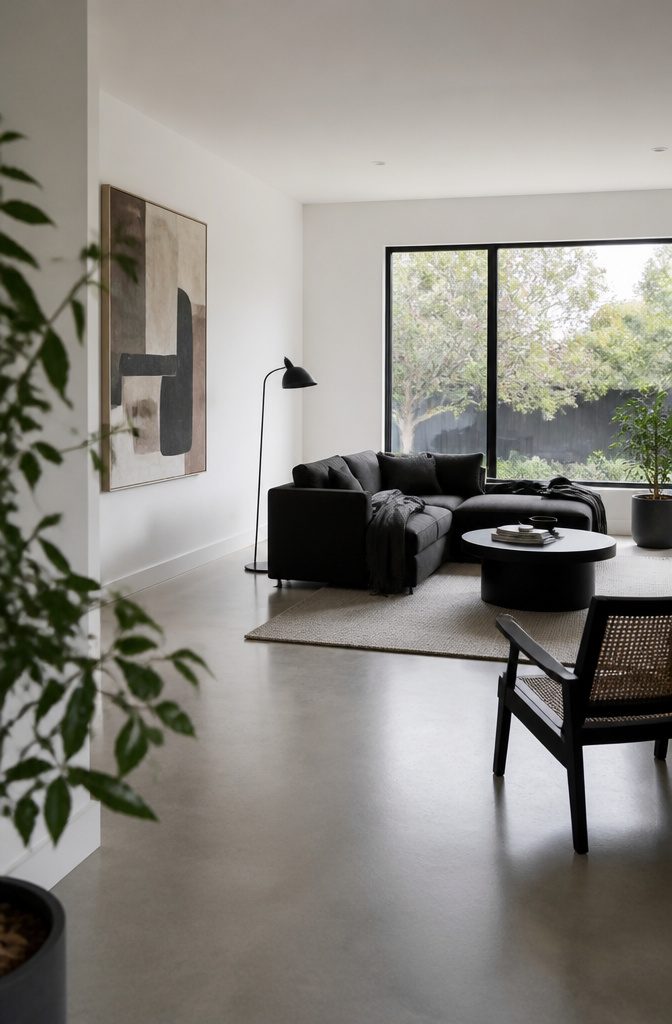 Black and dark gray furniture against white walls in a Swiss apartment living room
