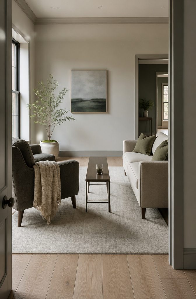 Armchair opposite a loveseat with open walking paths around the seating
