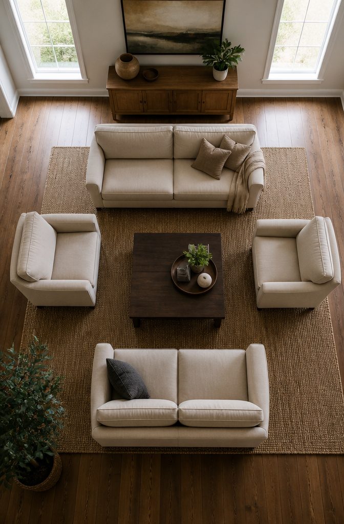 Four seating pieces arranged around a central coffee table