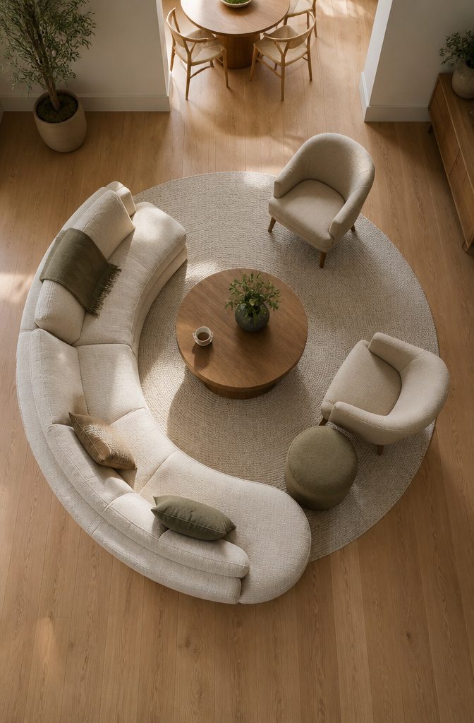 Curved sofa and accent chairs arranged around a round coffee table