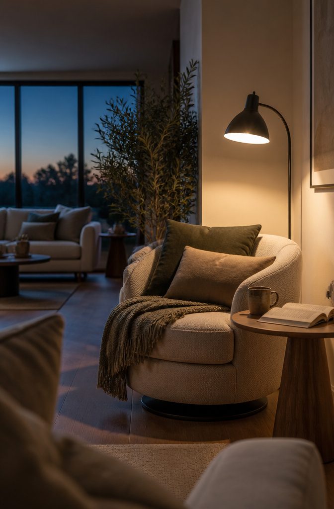Reading chair beside a floor lamp and side table in a corner