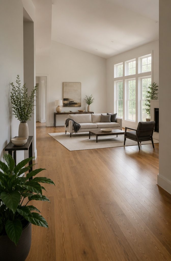 Sofa set away from the wall with low-profile seating and coffee table