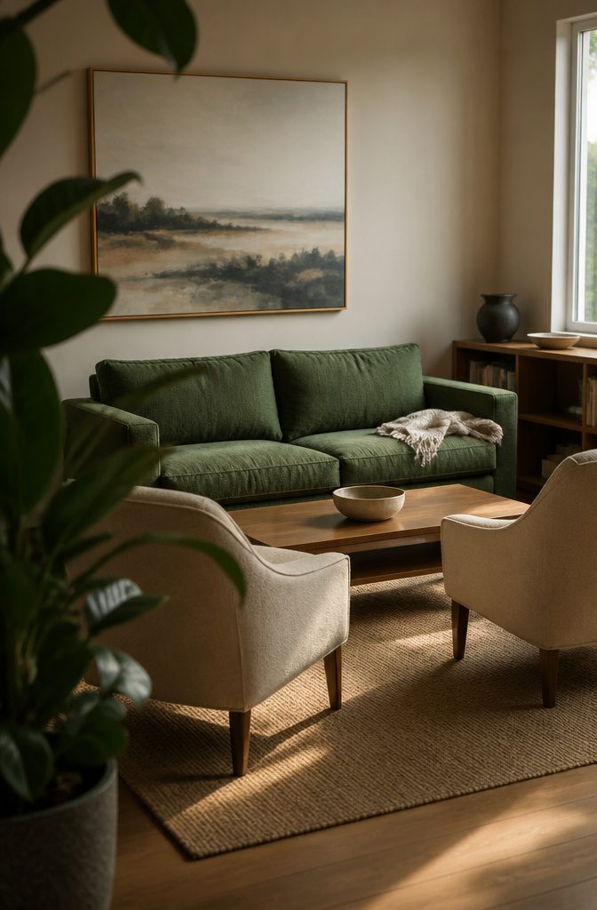 Bold colored sofa anchoring a living room with chairs facing it