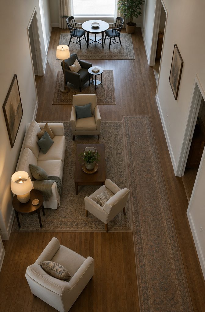 Long narrow room divided into seating and reading areas