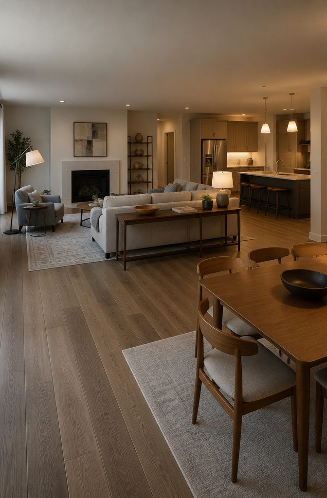 Living area rug and sofa back dividing seating from a dining space