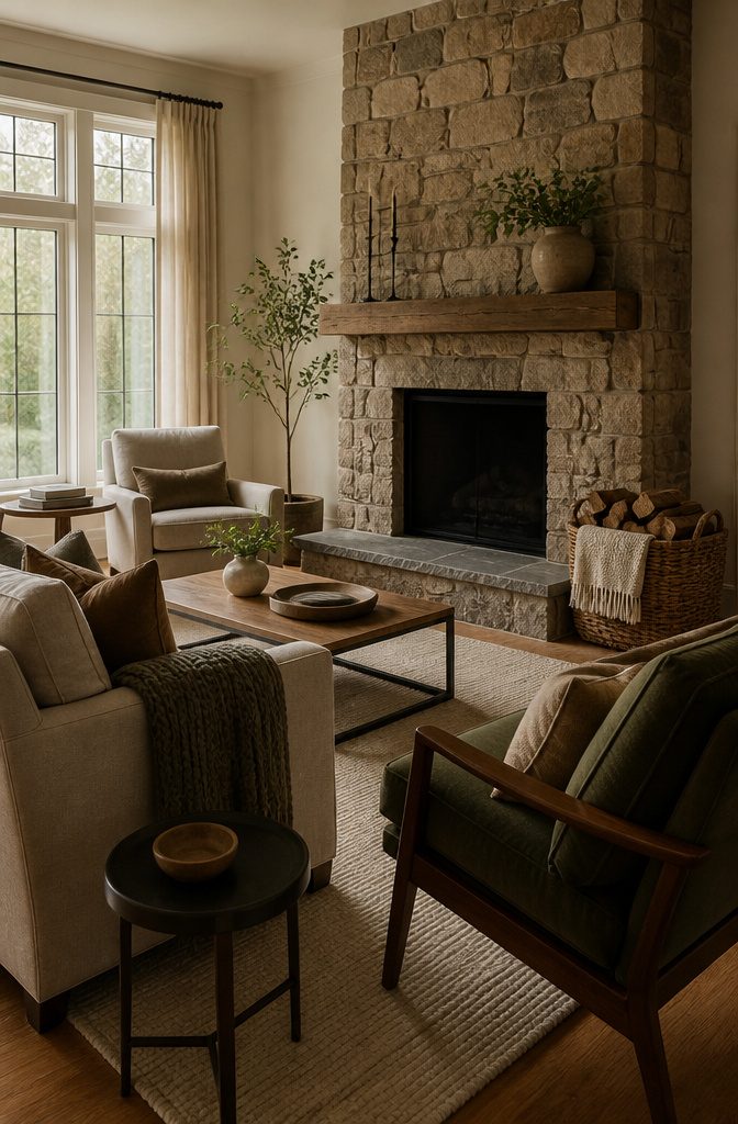 Sofa opposite a fireplace with 2 chairs angled toward the hearth