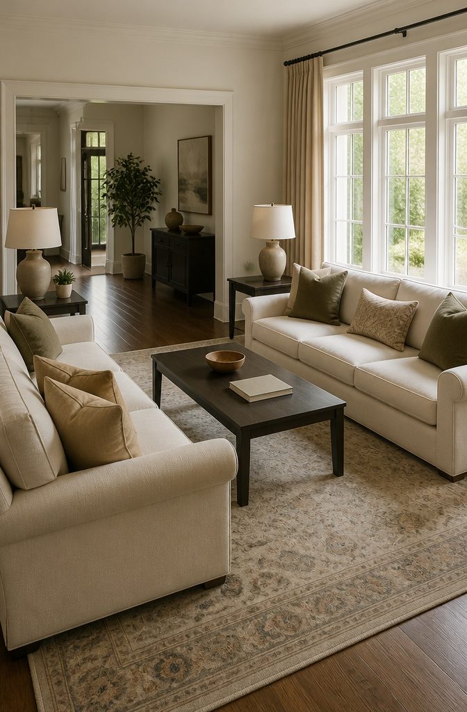 Two matching sofas facing across a coffee table on a broad rug