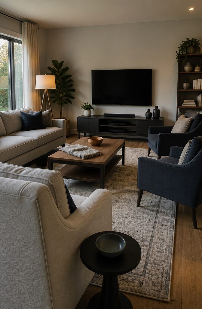 Sofa facing wall-mounted television with 2 angled armchairs
