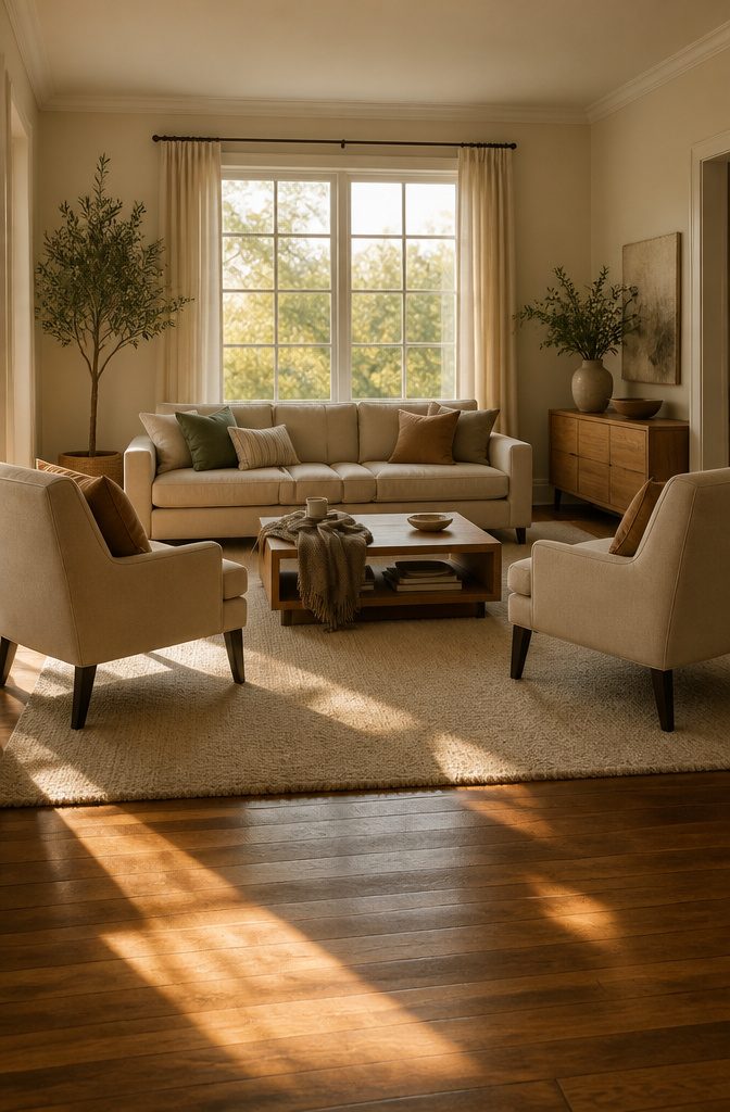 Sofa and 2 chairs surrounding a coffee table with an open end