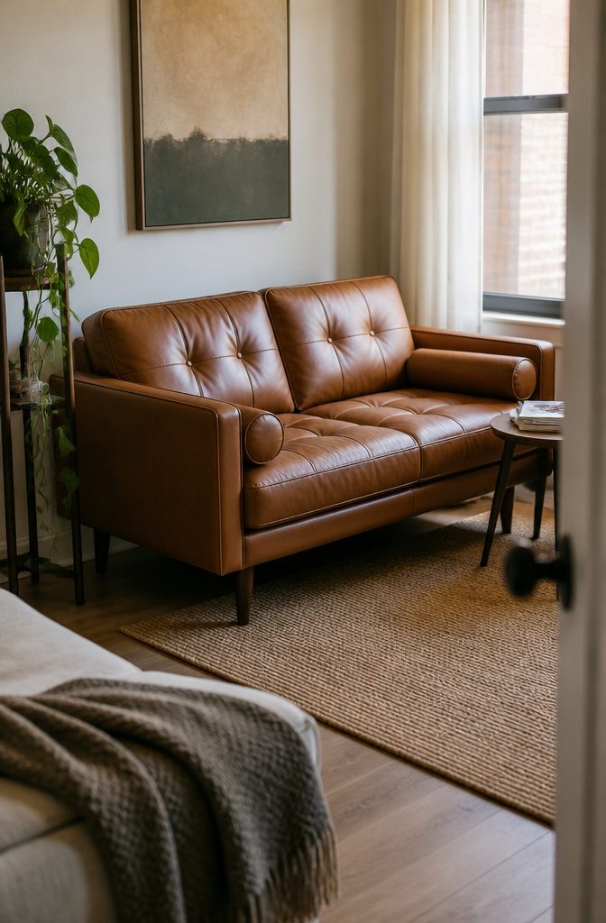 Compact living room with a small sofa against a short wall