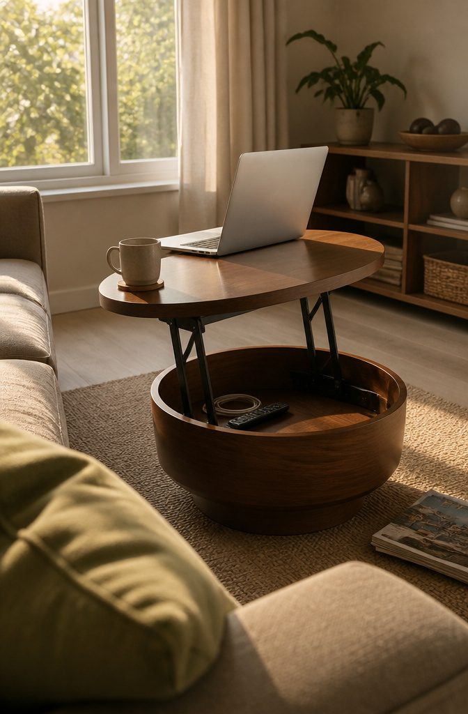 Round lift-top coffee table with laptop above and remote and cord below