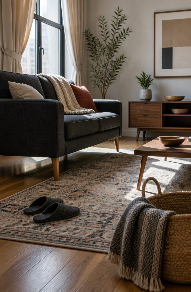 Dark sofa and low tables raised on slim legs in a small apartment