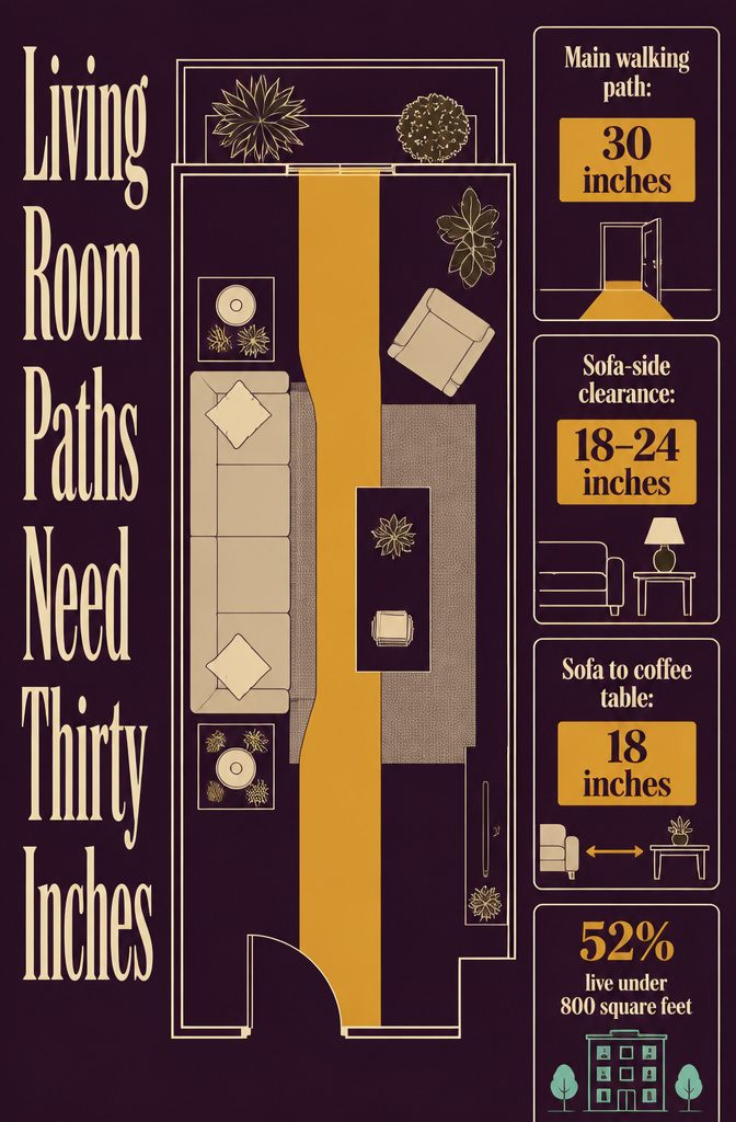 Living room layout diagram showing walking paths around sofa and furniture