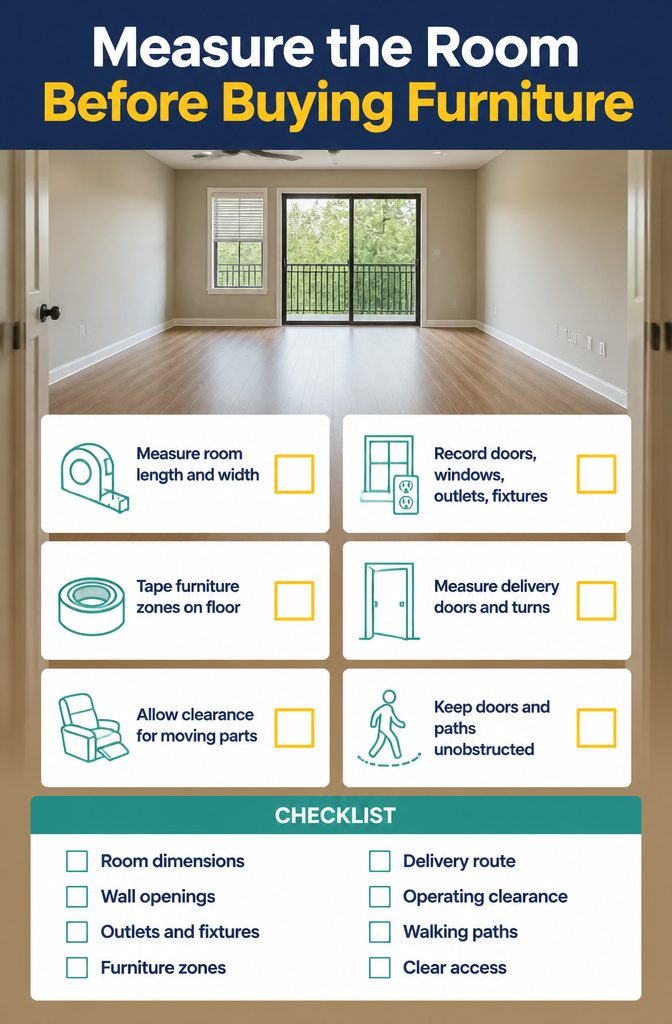Room measuring diagram with furniture outlines doors windows and outlets