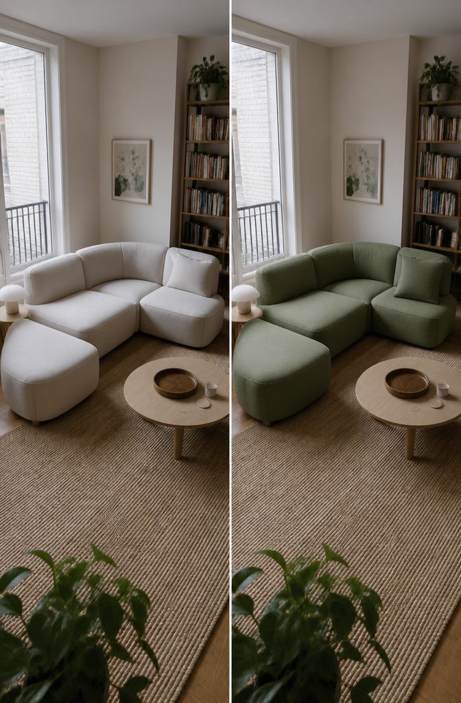 Compact sectional arranged in the corner of a small living room