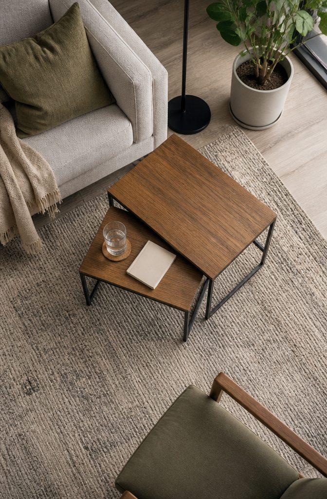 Nested small tables tucked beneath a larger table in a living room
