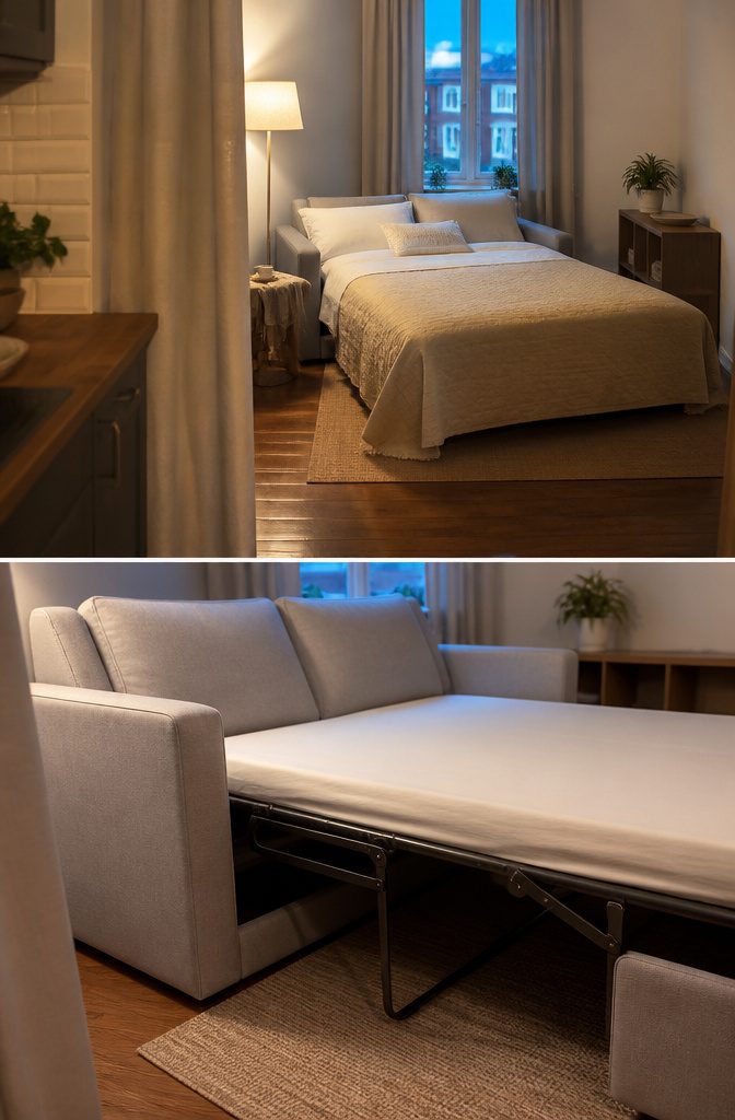 Living room sleeper sofa set up for everyday seating