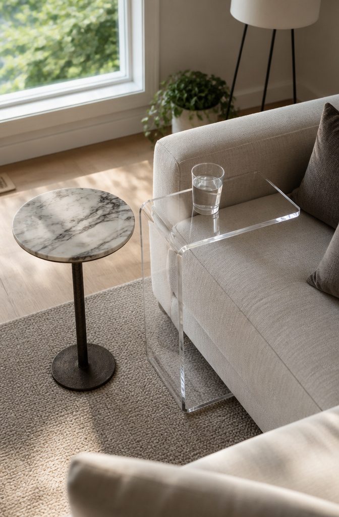 Slim drink table and clear folding acrylic table beside a sofa