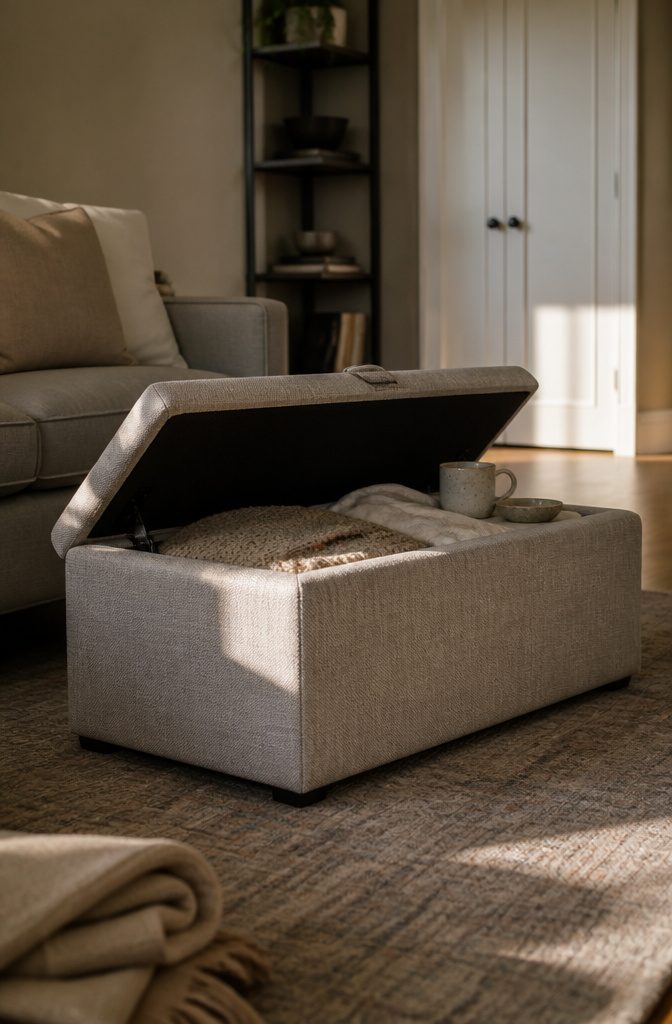 Open rectangular woven ottoman beside a sofa with folded blankets inside