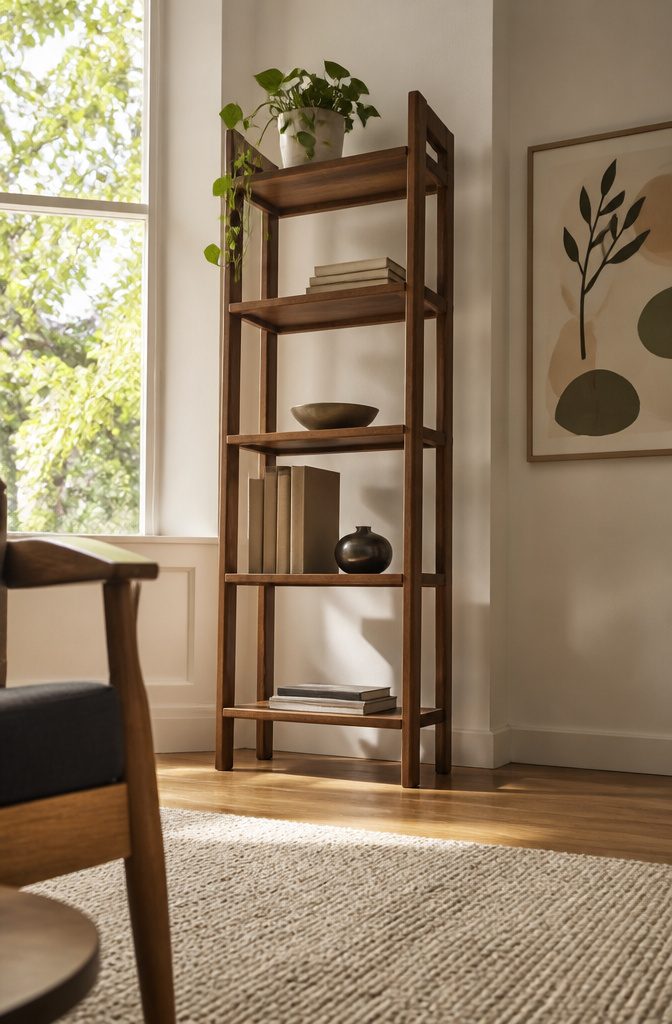 Narrow open-back bookshelf with books and decor beside a window