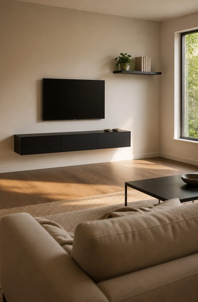 Wall-mounted media cabinet beneath a floating shelf in a living room