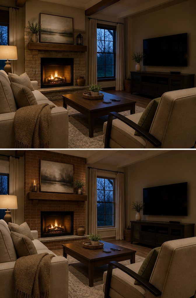 Living room seating angled between a fireplace and television