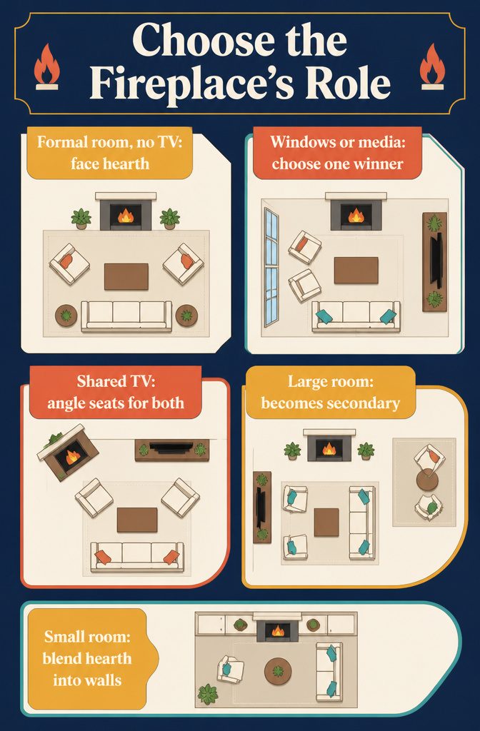 Home interior graphic titled Choose the Fireplace’s Role