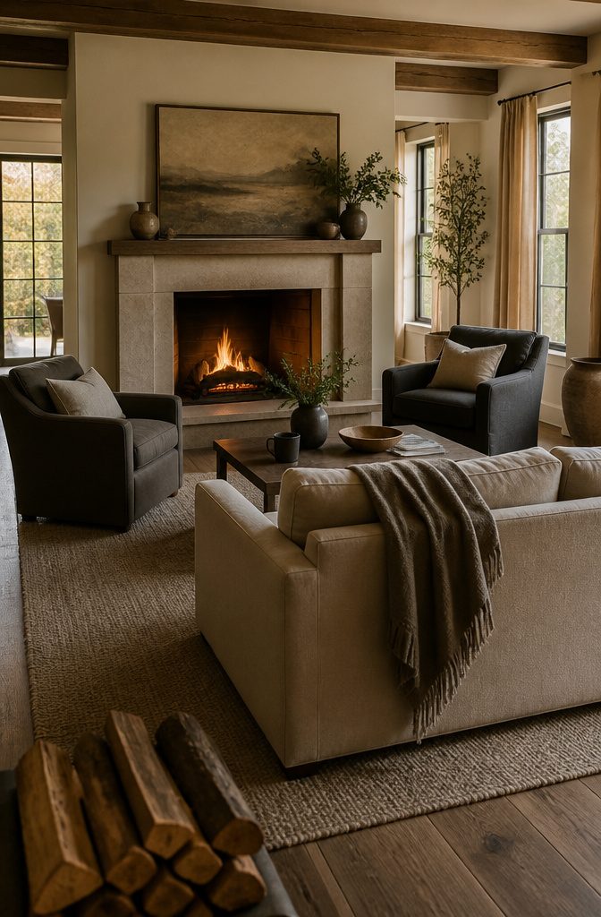 Sofa and two chairs facing a centered fireplace on a large rug