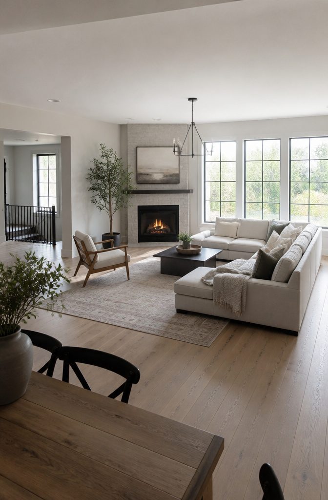 Corner sectional with a chaise angled toward a corner fireplace