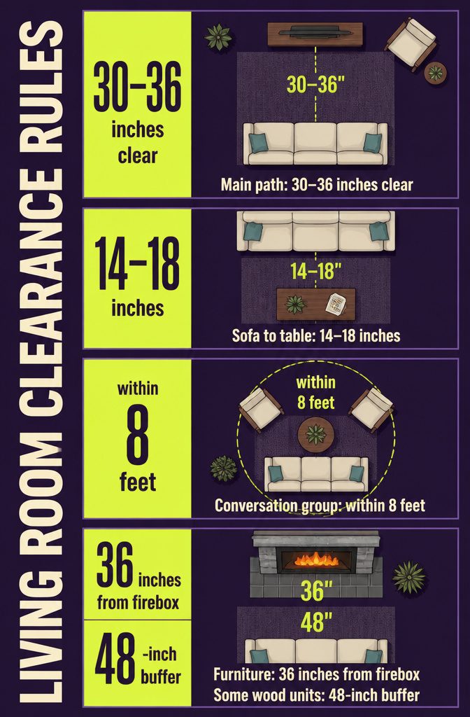 Home interior graphic titled Living Room Clearance Rules