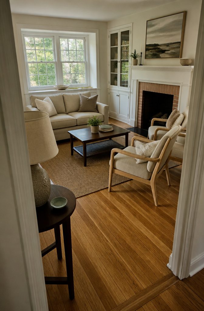 Small living room with loveseat chairs coffee table and modest fireplace