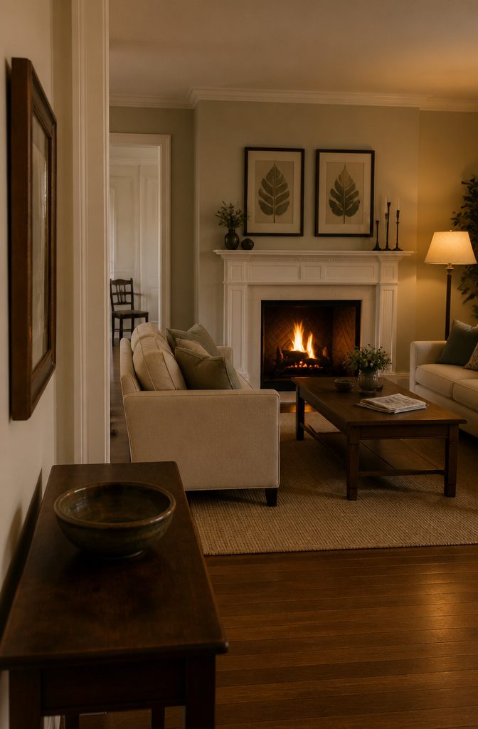 Pair of sofas facing across a coffee table toward a fireplace mantel