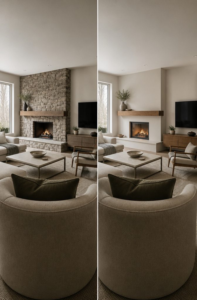 Living room seating between a fireplace and television on separate walls