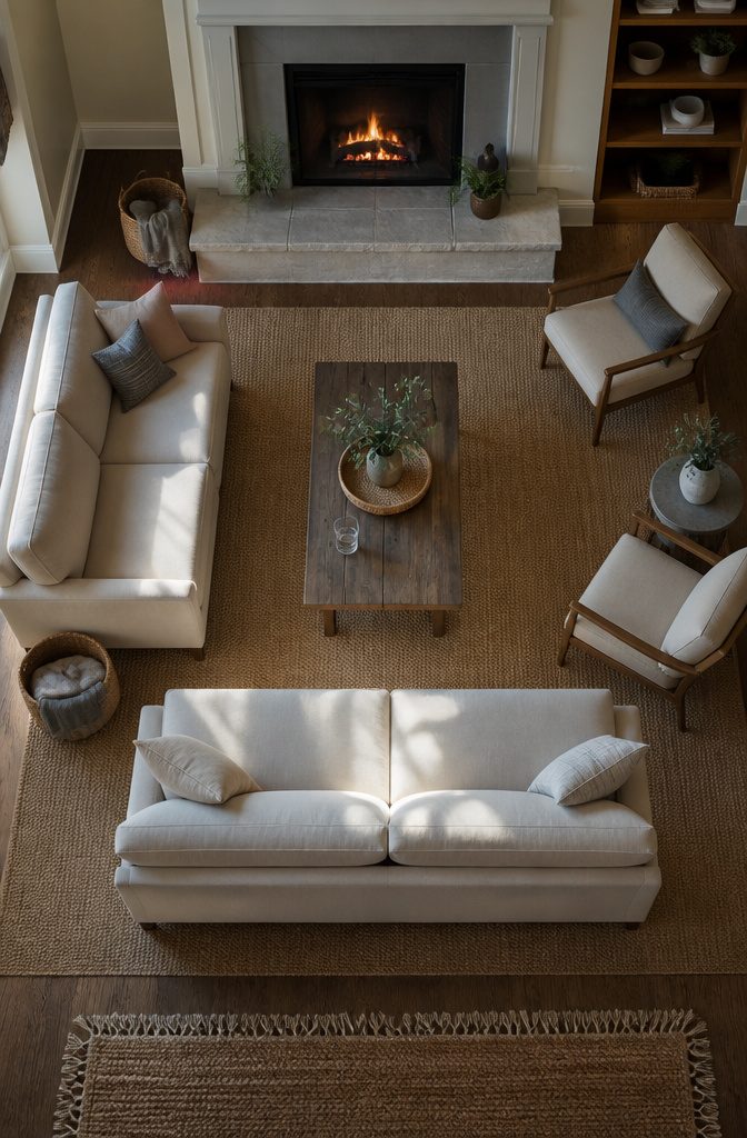 Sofa and side chairs forming a U around a fireplace and coffee table