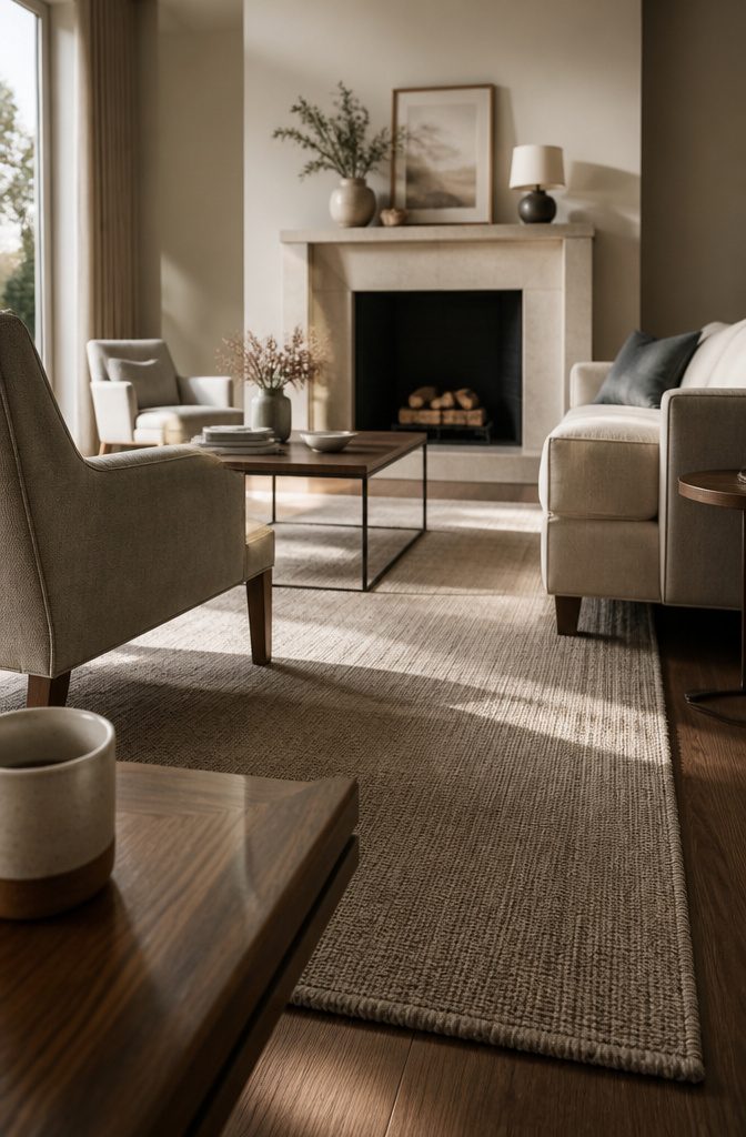 Living room seating group on a rug with side tables beside chairs
