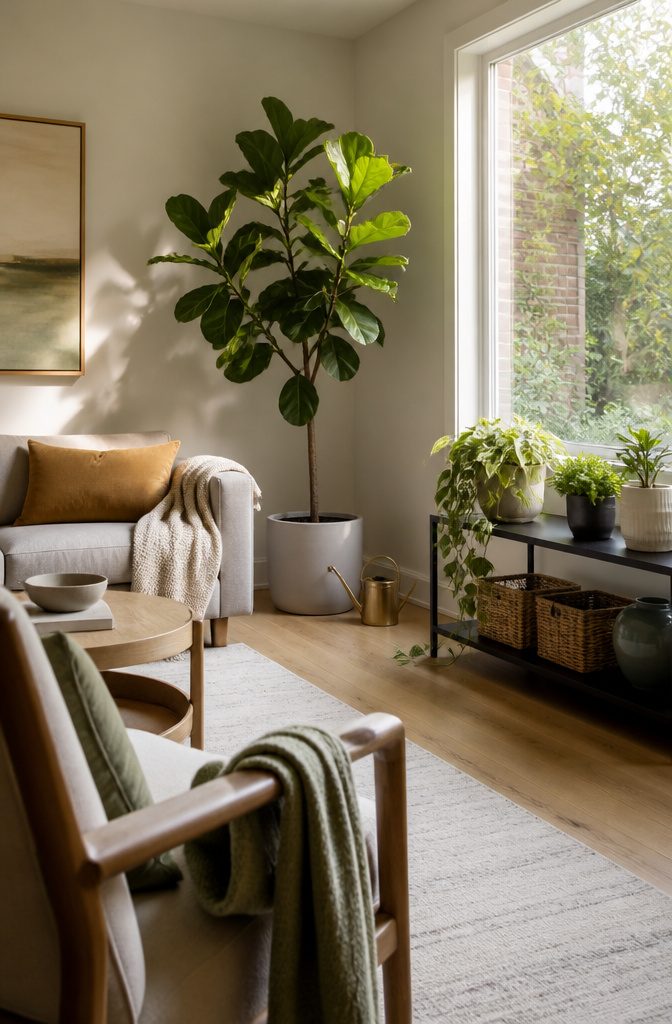 Potted fiddle-leaf fig standing in a living room corner beside seating